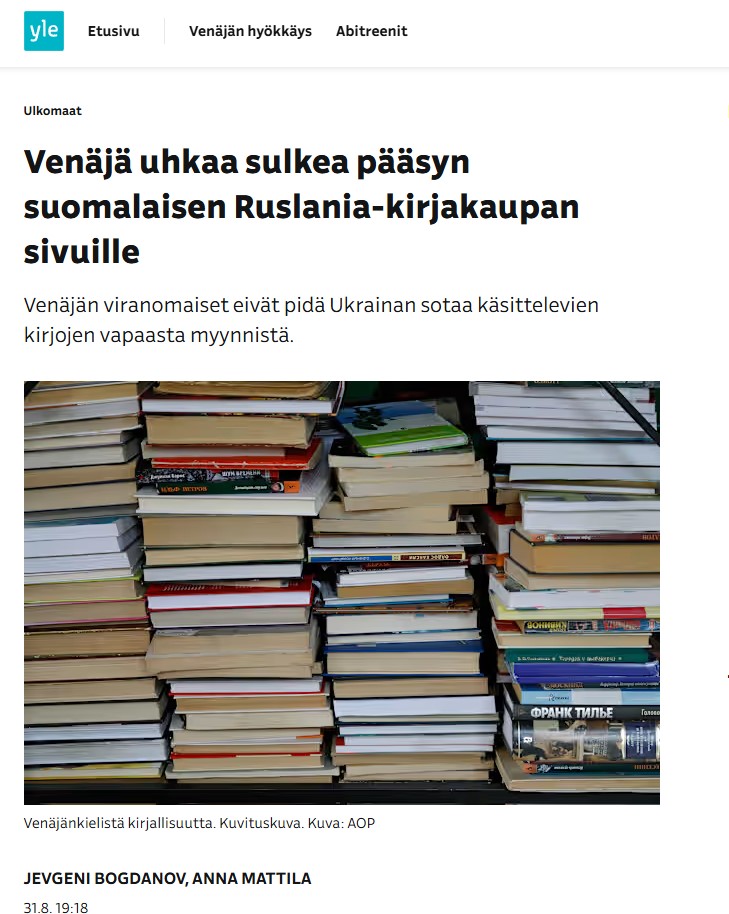 Venäjä uhkaa sulkea pääsyn suomalaisen Ruslania-kirjakaupan sivuille